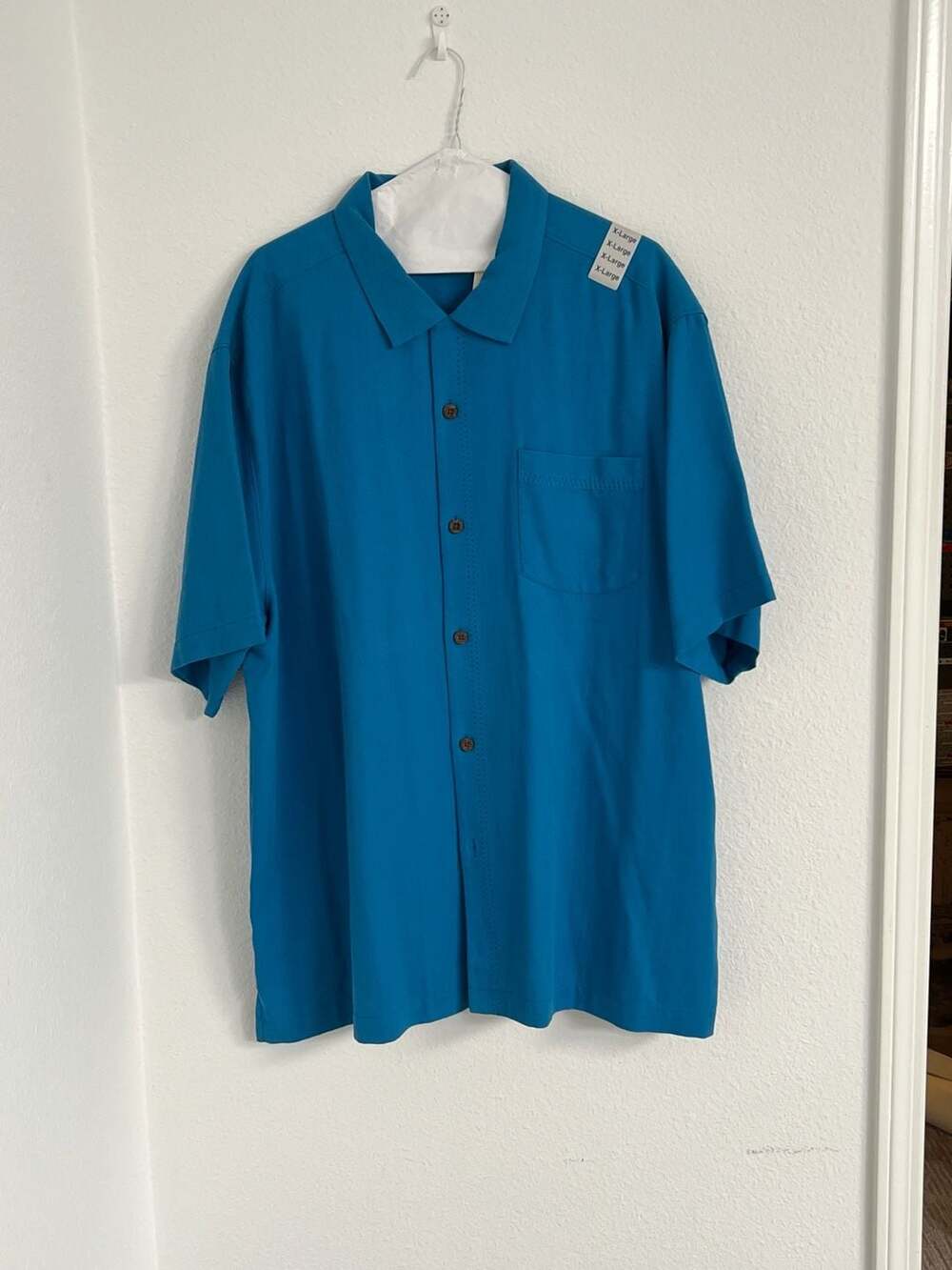 Tommy Bahama Men's XL Turquoise Blue Solid Silk Blend Short Sleeve Camp Shirt